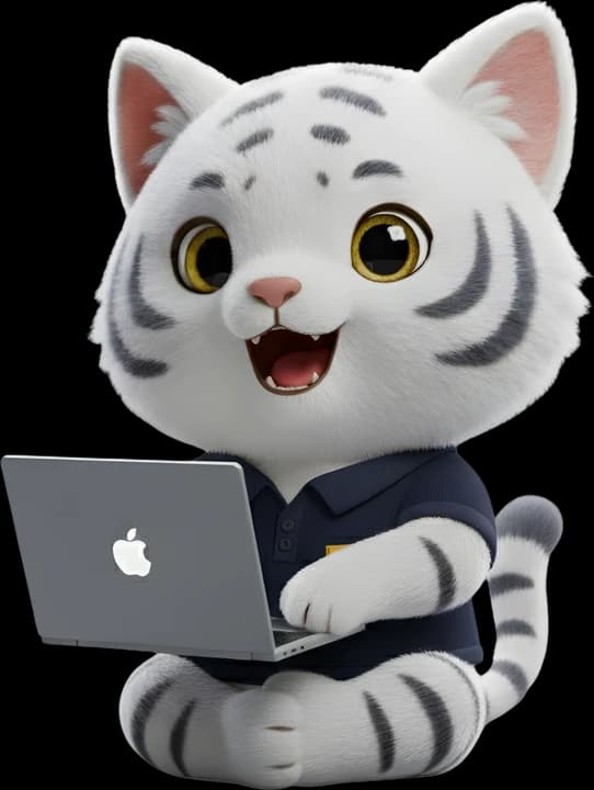 Precision Global Marketing mascot, a friendly tiger working on a laptop